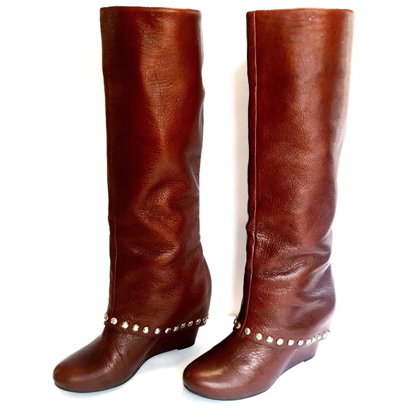 BCBG Shoes - BCBG Brown Leather Studded Wedge Boots